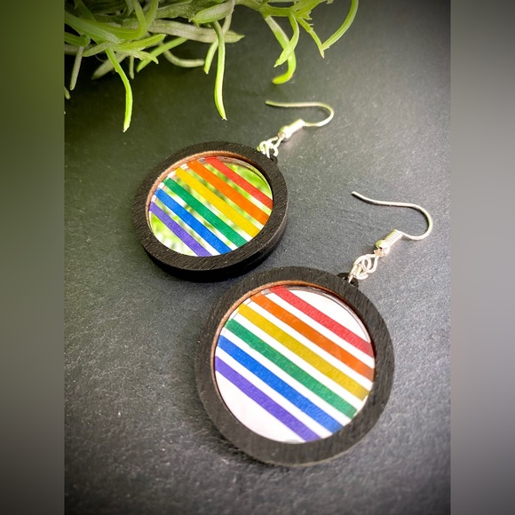 Hand Painted Mirror & Wood Rainbow Gay Pride Flag Dangle Earrings - Picture 1 of 1